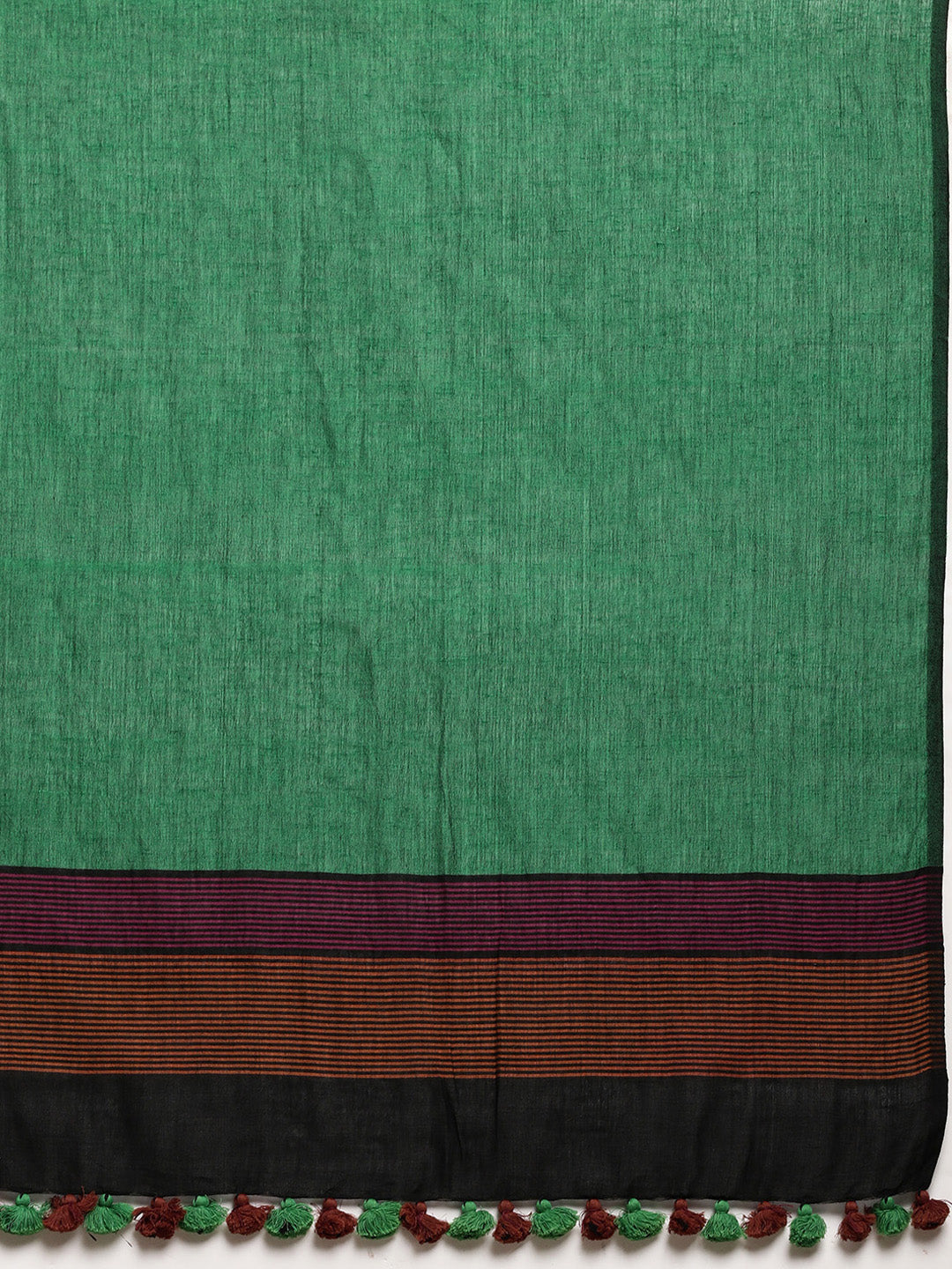 New! Green Orange Colour block Handcrafted Cotton Saree with pompoms