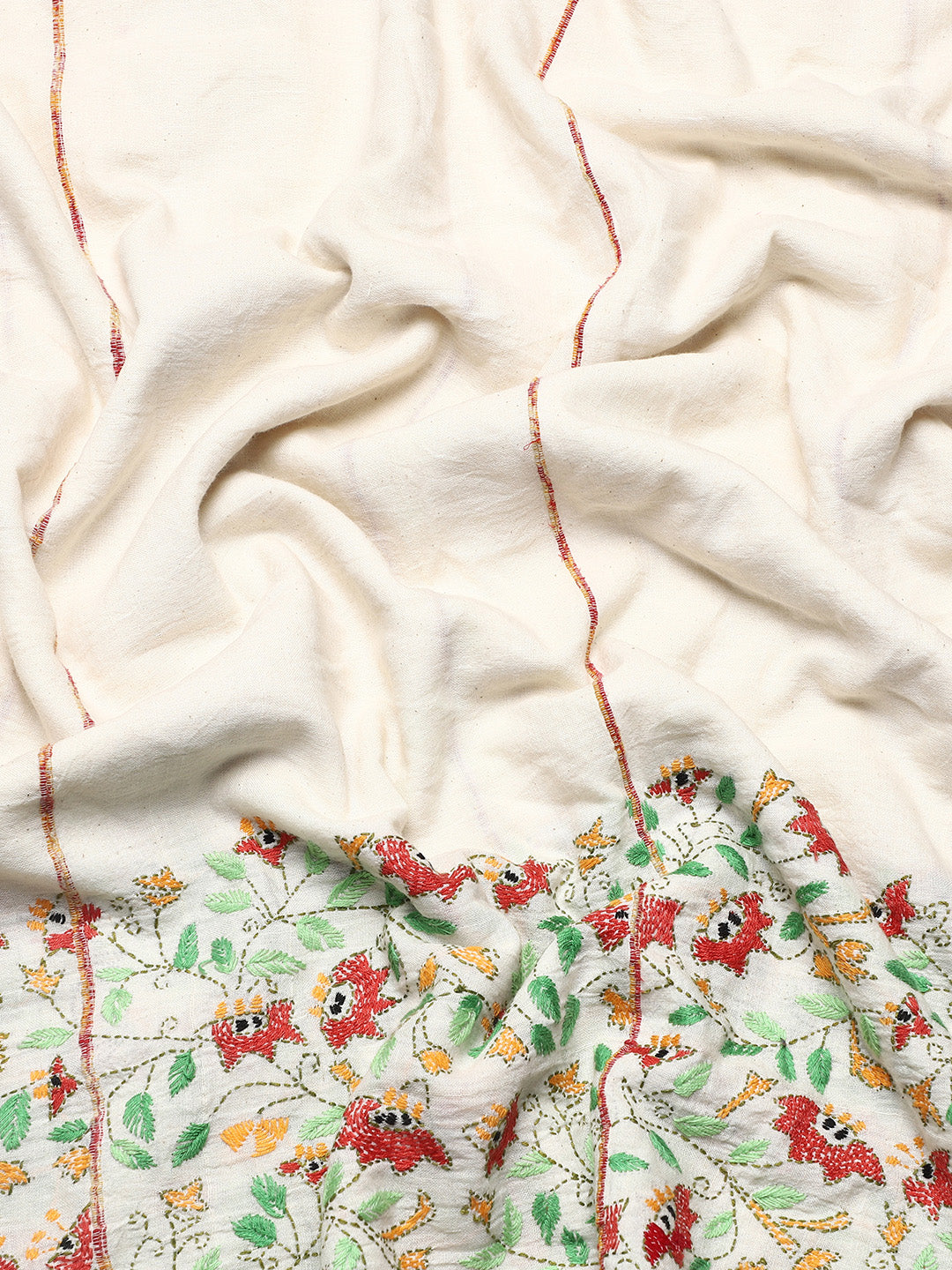 Cream Floral Handcrafted Khesh Kantha   Stitch Cotton Saree