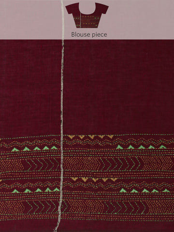 Maroon Yellow Khesh Kantha Stitch Cotton Saree