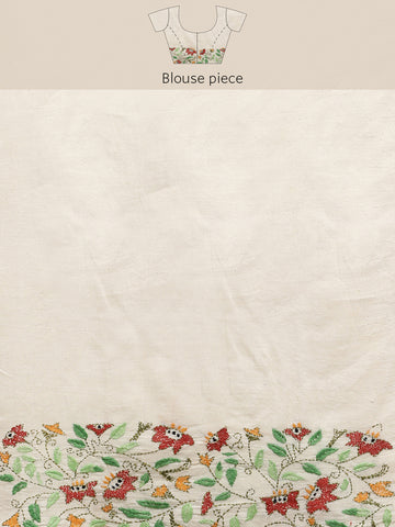 Cream Floral Kantha Cotton Saree