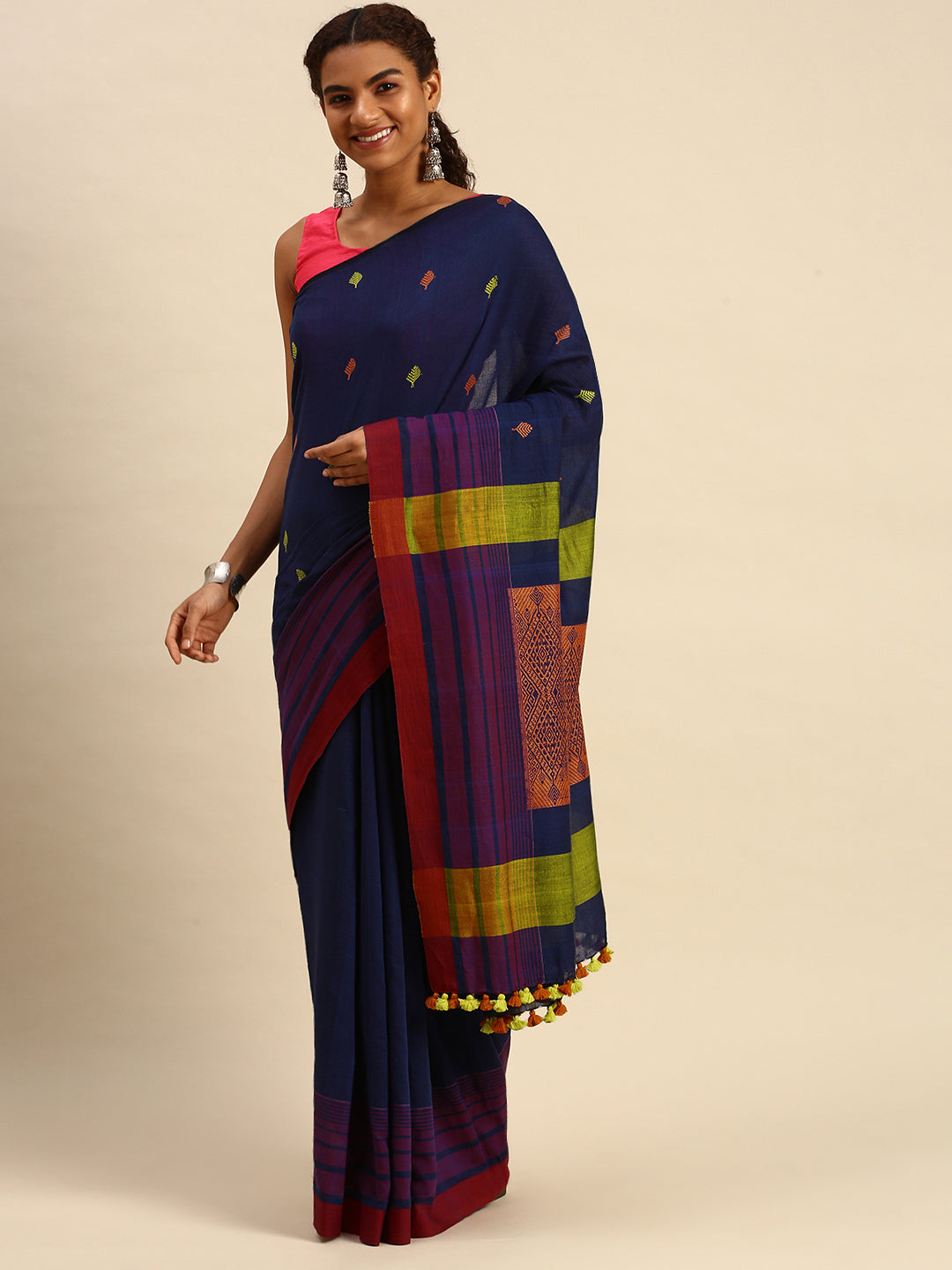 Blue Orange Assamese Cotton Saree