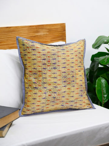 Grey Cream Kantha Silk Reversible Cushion Cover - Pack of 1
