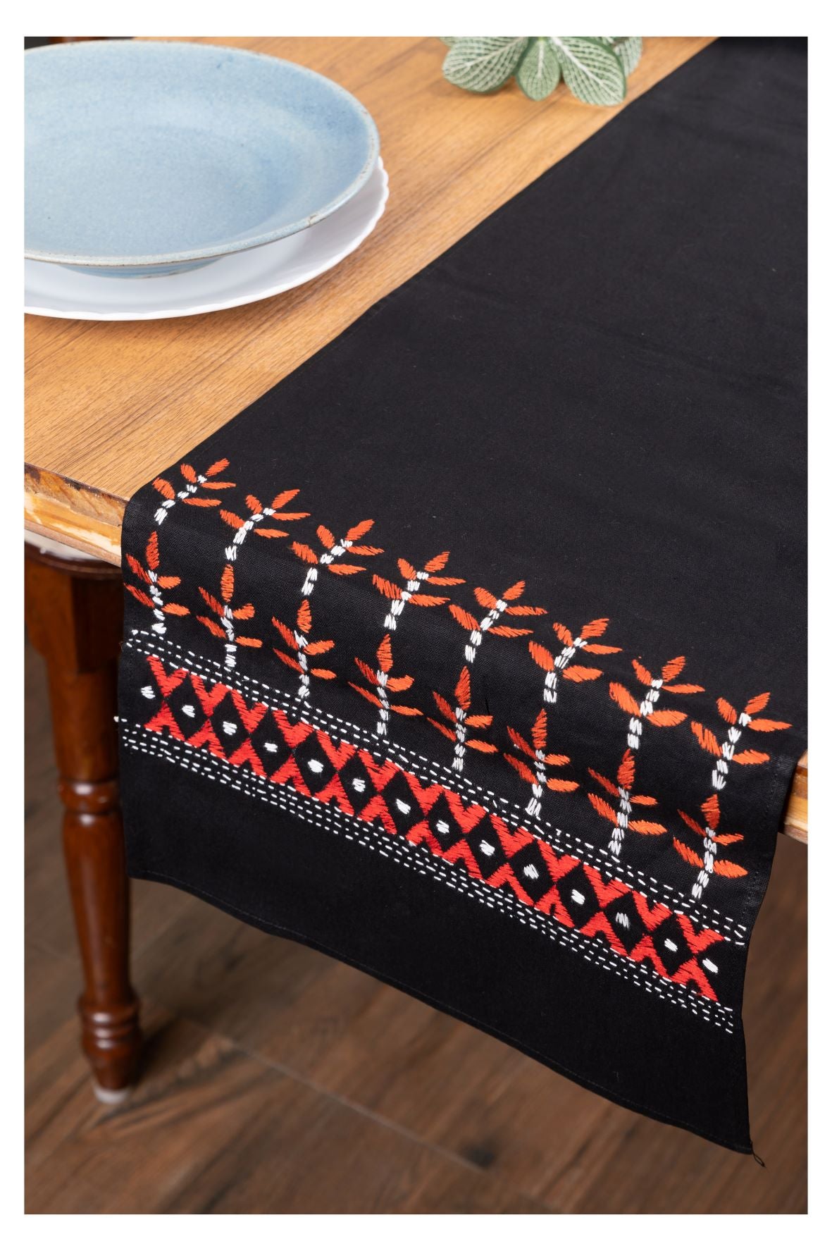 Black Floral Kantha Cotton dining Table Runner