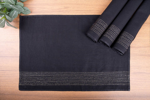 Black Zari Kantha Cotton Table Mats- 4Pack