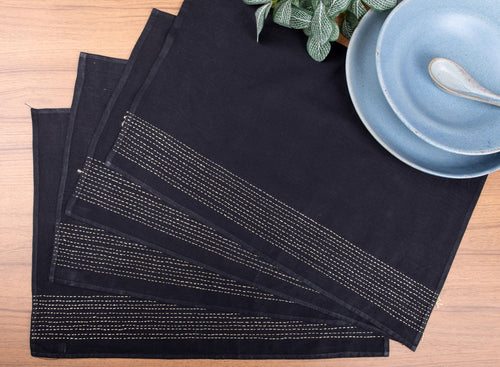 Black Zari Hand Kantha Embroidered Cotton Table Mats- 4Pack