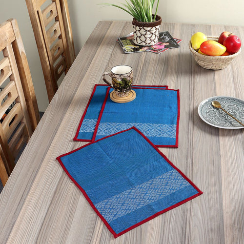 Handwoven Blue Red Axomiya  Cotton Table Mats- 3 Pack