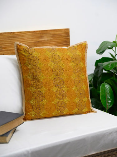Burgundy Yellow Silk Hand Kantha Work Reversible Cushion Cover - Pack of 1