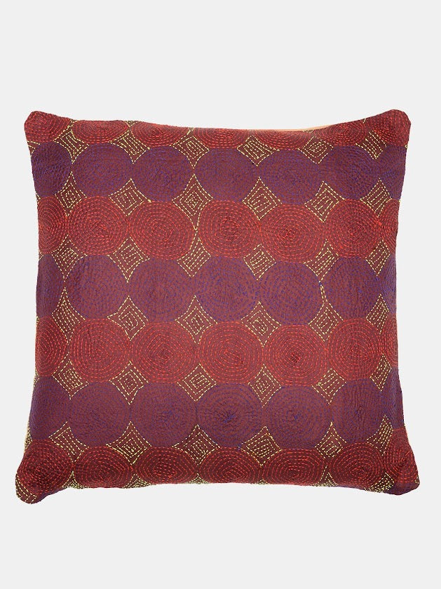 Burgundy Yellow  Kantha Silk Reversible Cushion Cover - Pack of 1