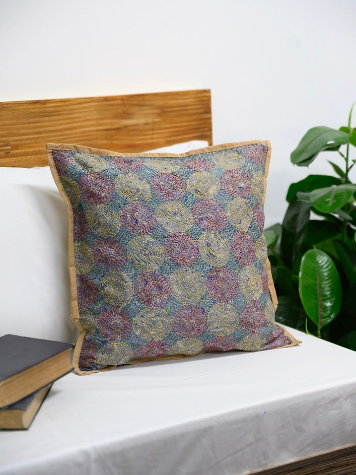 Grey Green Kantha  Silk Reversible Cushion Cover - Pack of 1