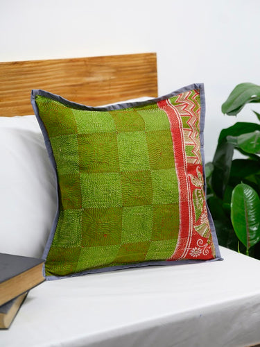 Green Grey Silk Hand Kantha Work Reversible Cushion Cover - Pack of 1