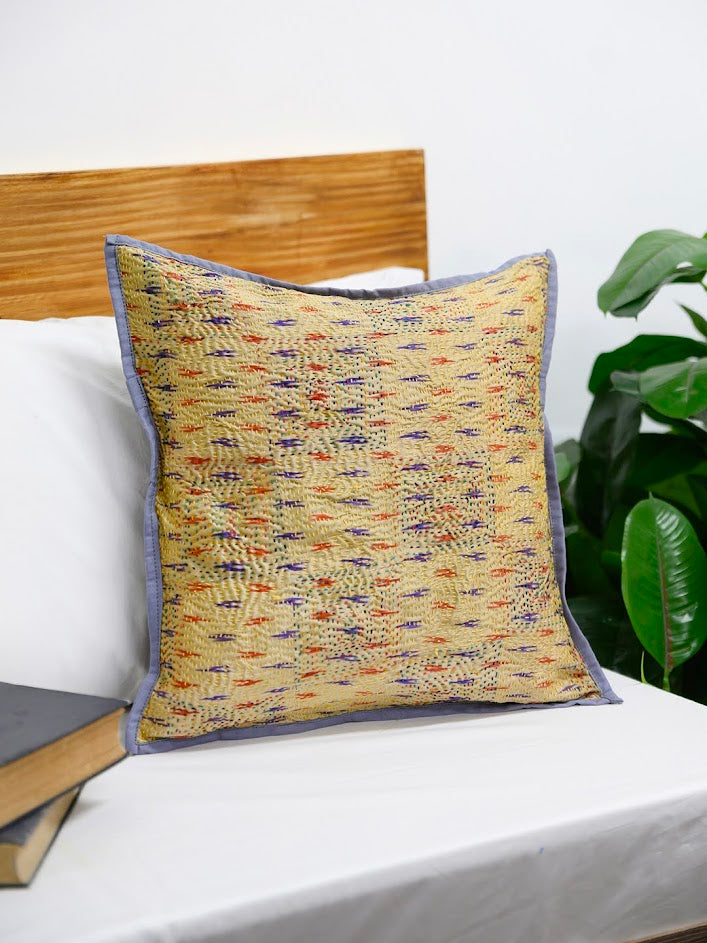 Green Printed Kantha Silk Reversible Cushion Cover - Pack of 1