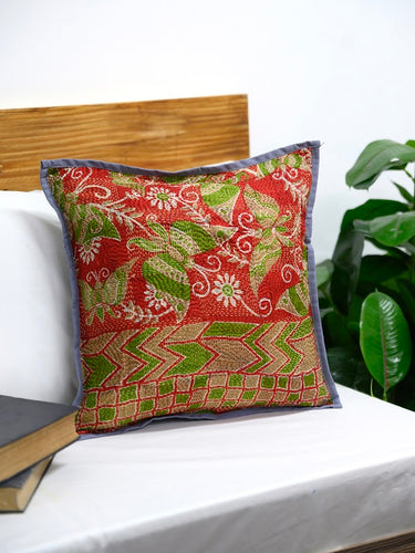 Red Brown Silk Hand Kantha Work Reversible Cushion Cover - Pack of 1