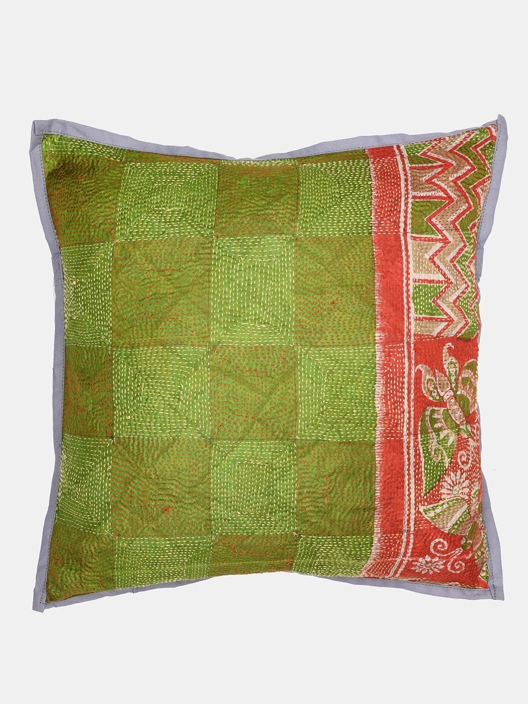 Green Grey  Kantha Silk Reversible Cushion Cover - Pack of 1