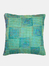 Load image into Gallery viewer, Grey Green Silk Hand Kantha Work Reversible Cushion Cover - Pack of 1