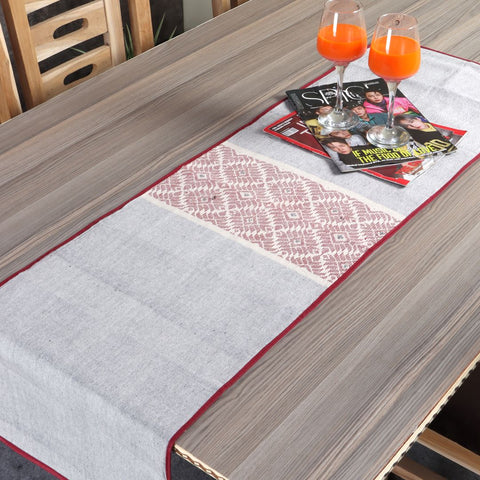 Grey Maroon Dhuniya Cotton Table Runner