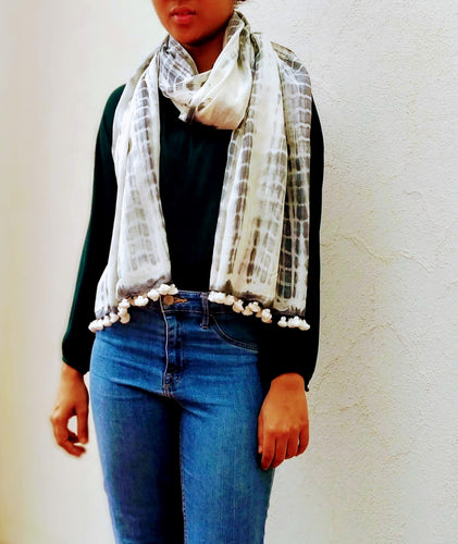 Ivory Grey Cotton Silk Shibori Stole with Pompoms