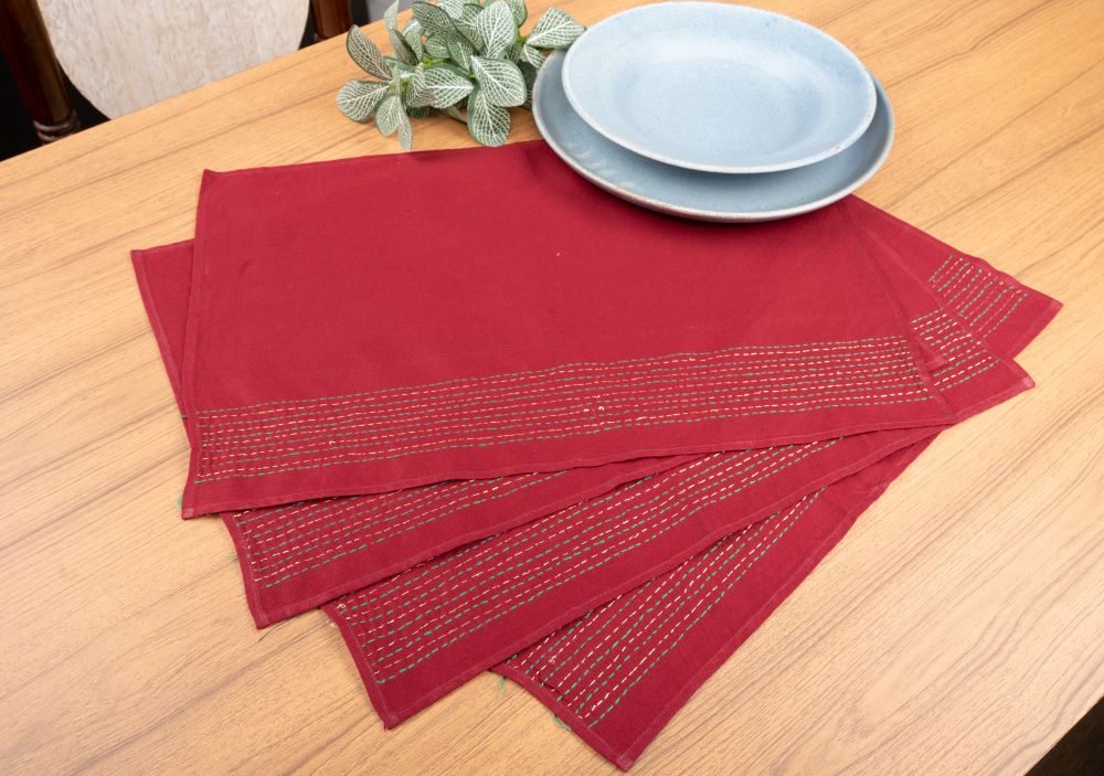 Maroon Kantha  Cotton Table Mats- 4Pack