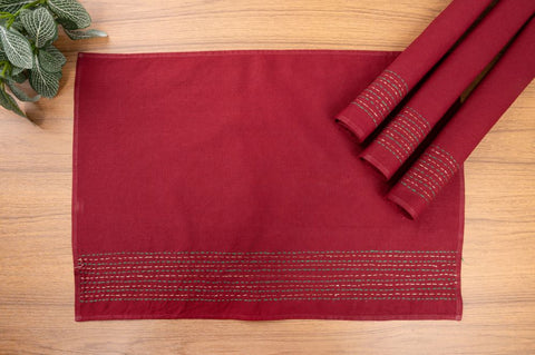 Maroon Kantha  Cotton Table Mats- 4Pack