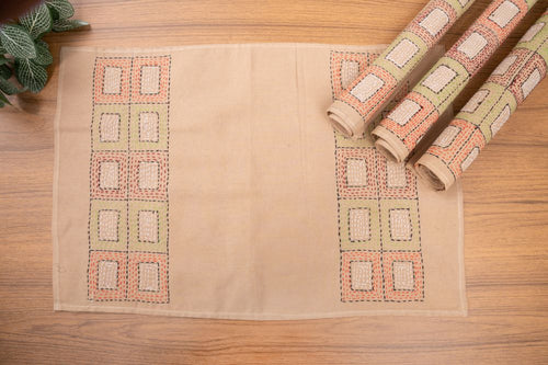 Beige Hand Kantha Embroidered Cotton Table Mats- 4Pack