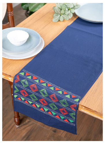 Blue Diamonds Hand Kantha Embroidered Cotton Table Runner