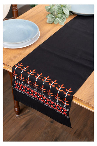 Black Floral Hand Kantha Embroidered Cotton Table Runner
