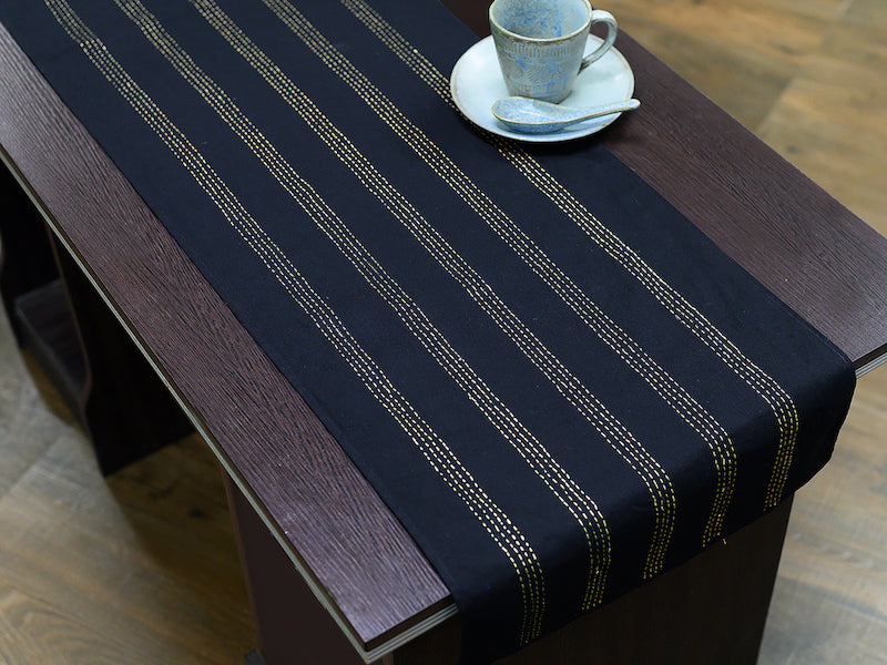 Black Gold Hand Kantha Stitch embroidered Cotton dining Table Runner
