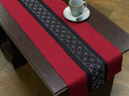 Maroon Black Hand Kantha Embroidered Cotton Table Runner