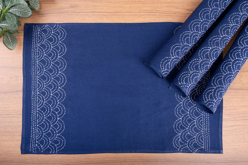 Navy Hand Kantha Embroidered Cotton Table Mats- 4Pack