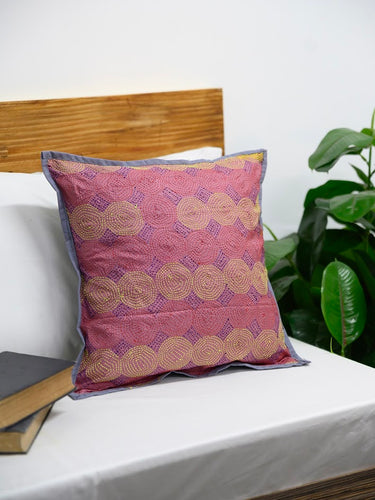 Pink Grey Silk Hand Kantha Work Reversible Cushion Cover - Pack of 1