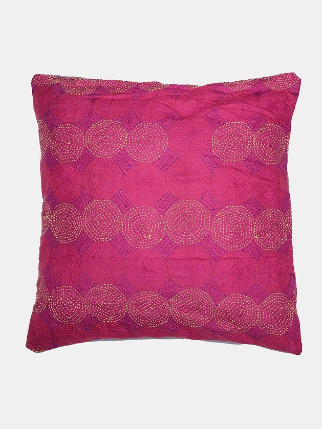 Pink Grey Silk Hand Kantha stitch embroidered Reversible Cushion Cover - Pack of 1