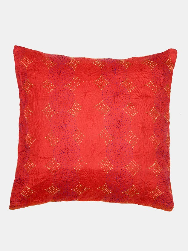 Beige Silk Hand Kantha stitch embroidered Reversible Cushion Cover - Pack of 1