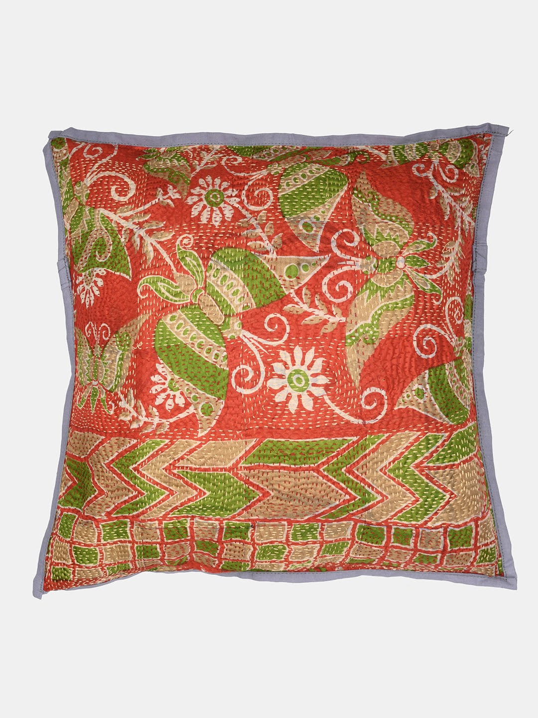 Red Brown Silk Hand Kantha stitch embroidered Reversible Cushion Cover - Pack of 1