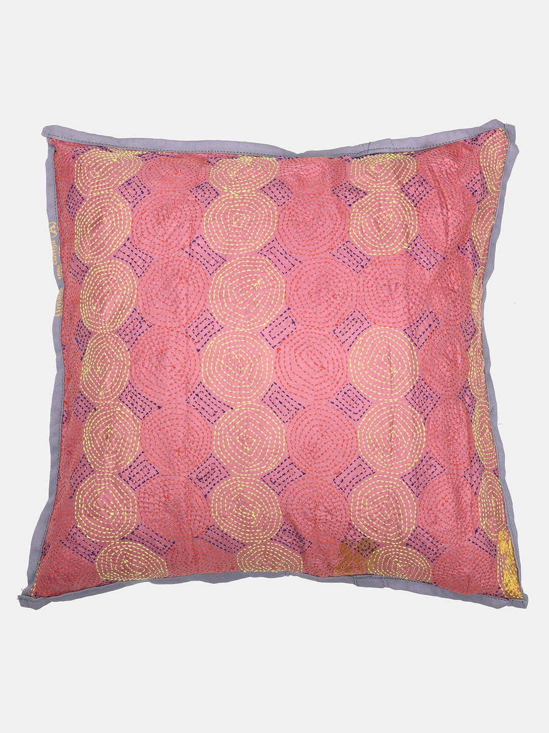 Pink Grey Kantha Silk Reversible Cushion Cover - Pack of 1
