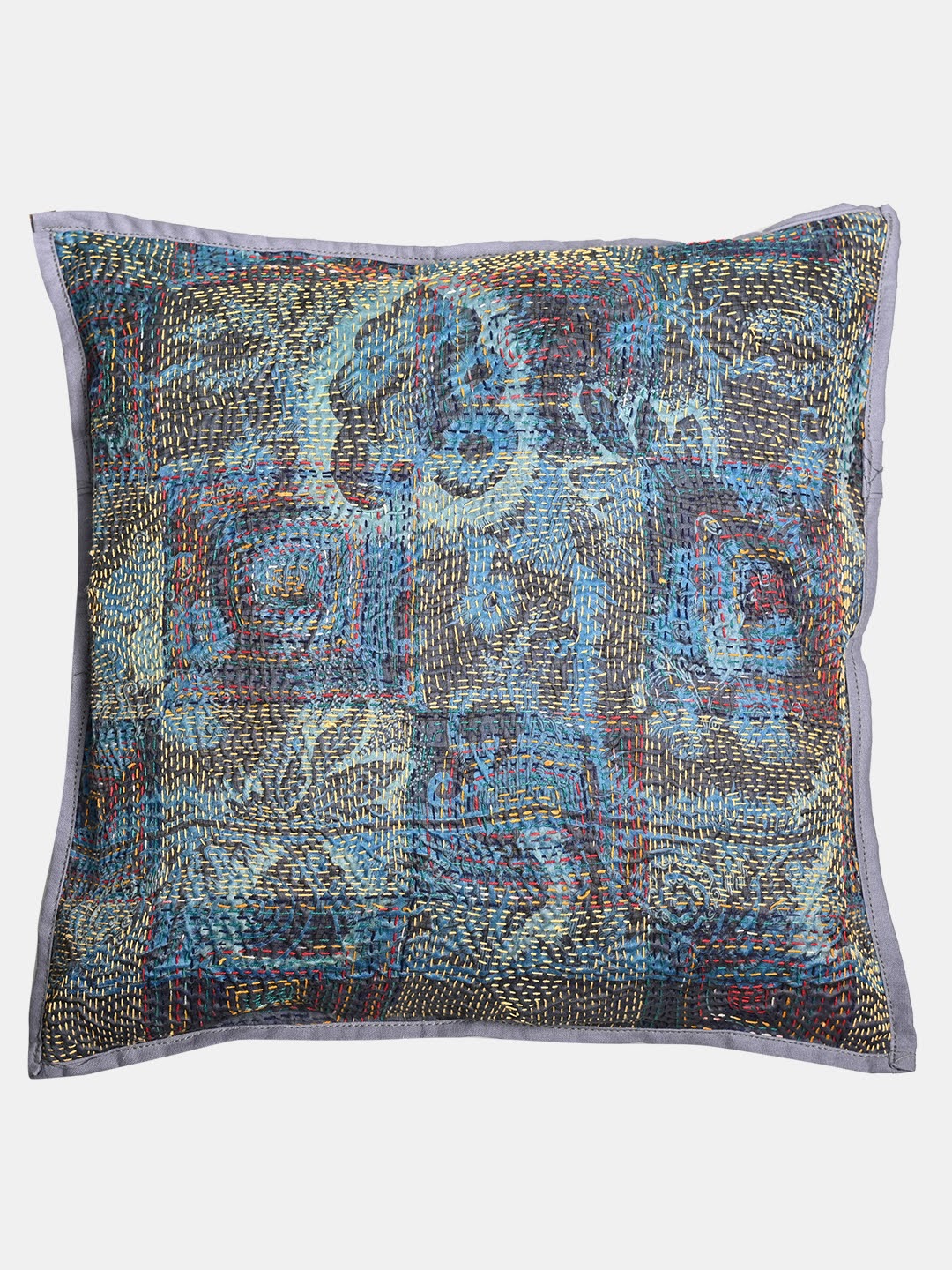 Blue Grey Kantha Silk  Reversible Cushion Cover - Pack of 1