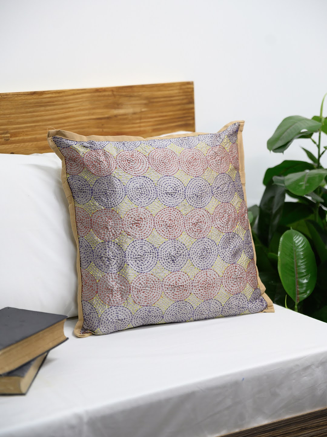 Beige  Kantha Silk Reversible Cushion Cover - Pack of 1