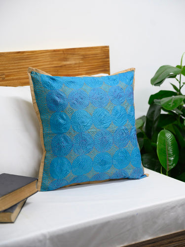 Sea Green Purple Silk Hand Kantha Work Reversible Cushion Cover - Pack of 1