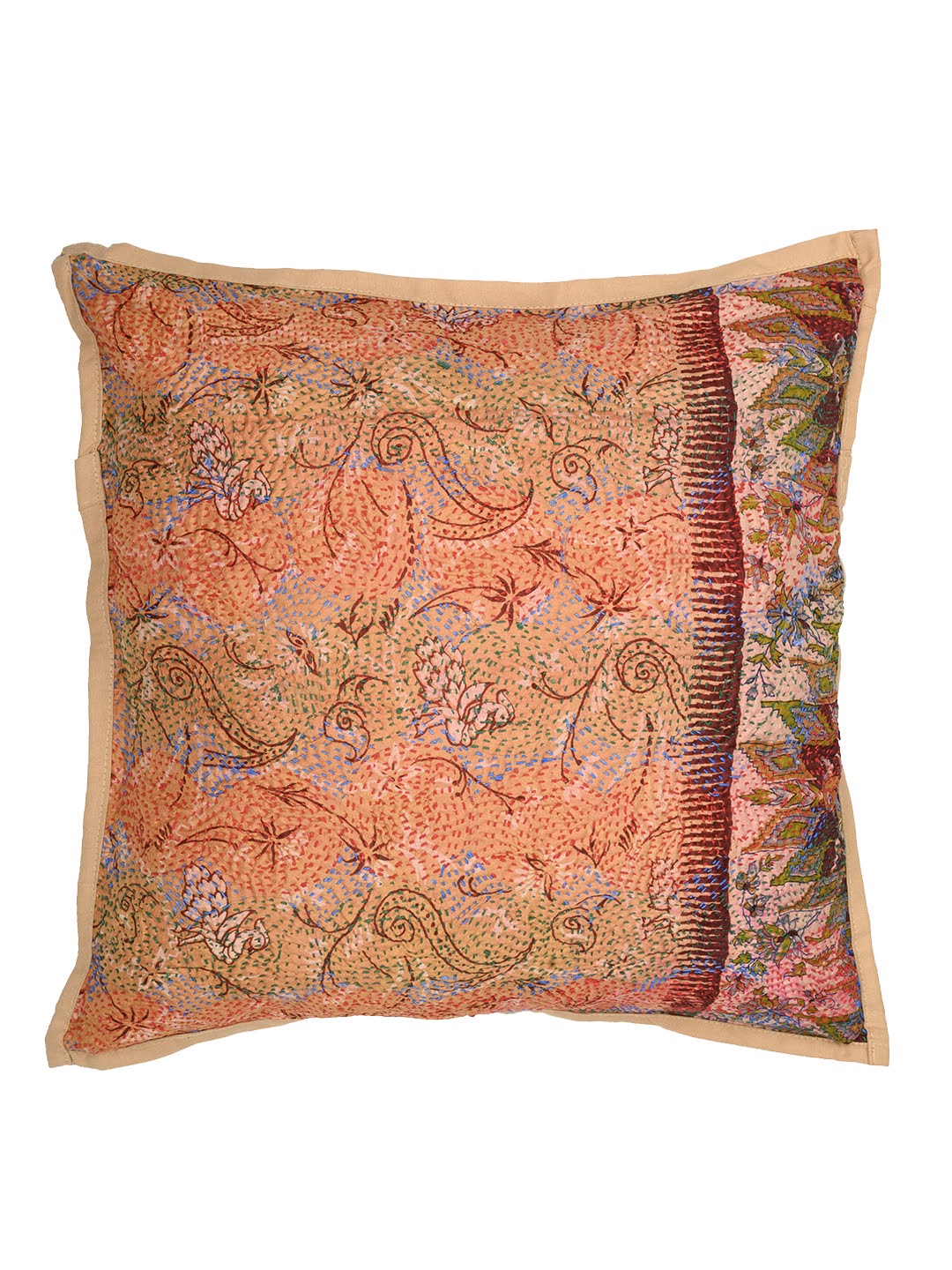 Brown Printed Rust Silk Hand Kantha stitch embroidered Reversible Cushion Cover- Pack of 1