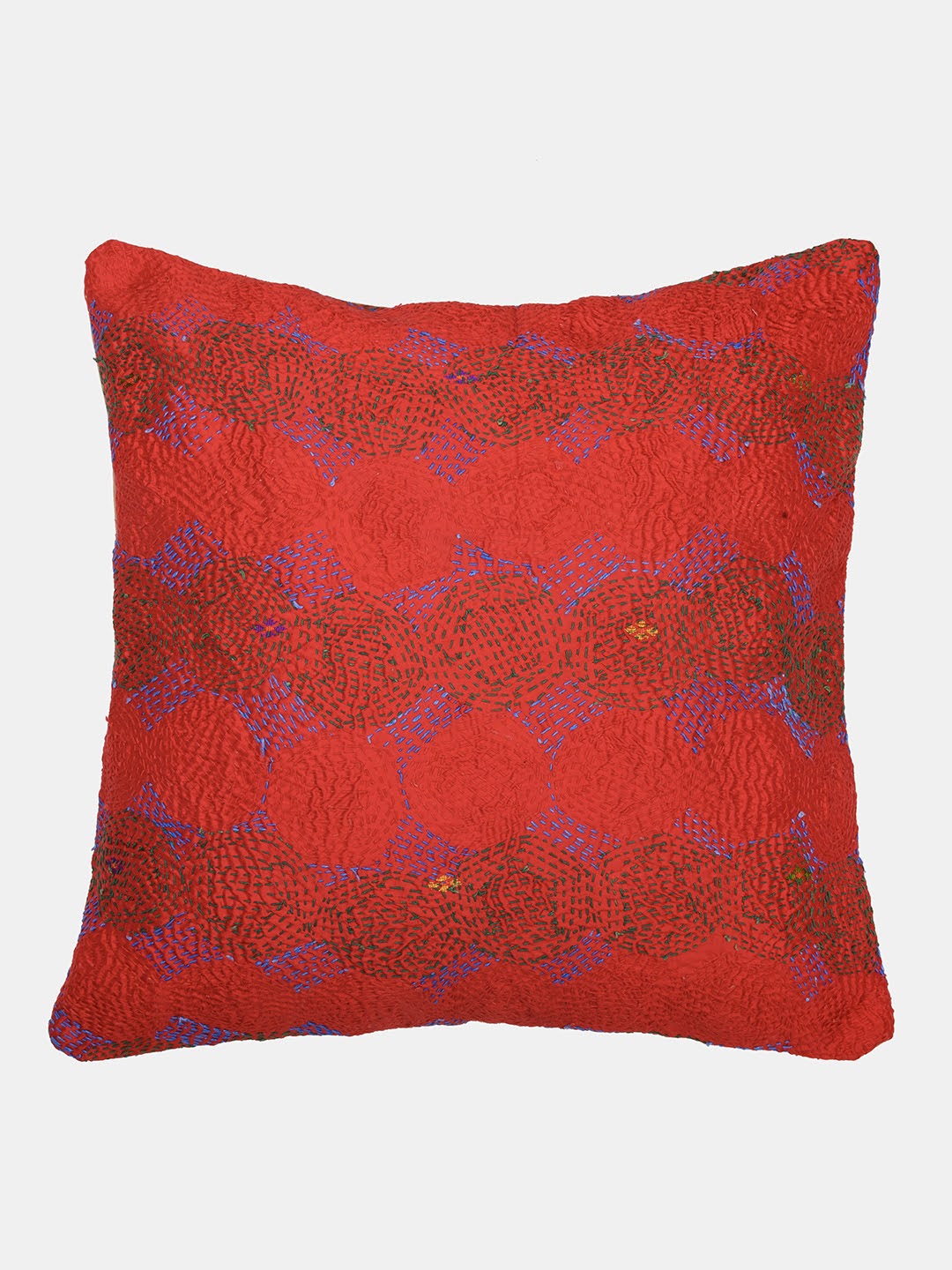 Brown Printed Rust Silk Hand Kantha stitch embroidered Reversible Cushion Cover- Pack of 1