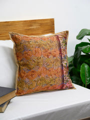 Brown Printed Rust Silk Hand Kantha stitch embroidered Reversible Cushion Cover- Pack of 1