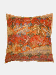 Maroon Orange Silk Hand Kantha stitch embroidered Reversible Cushion Cover - Pack of 1