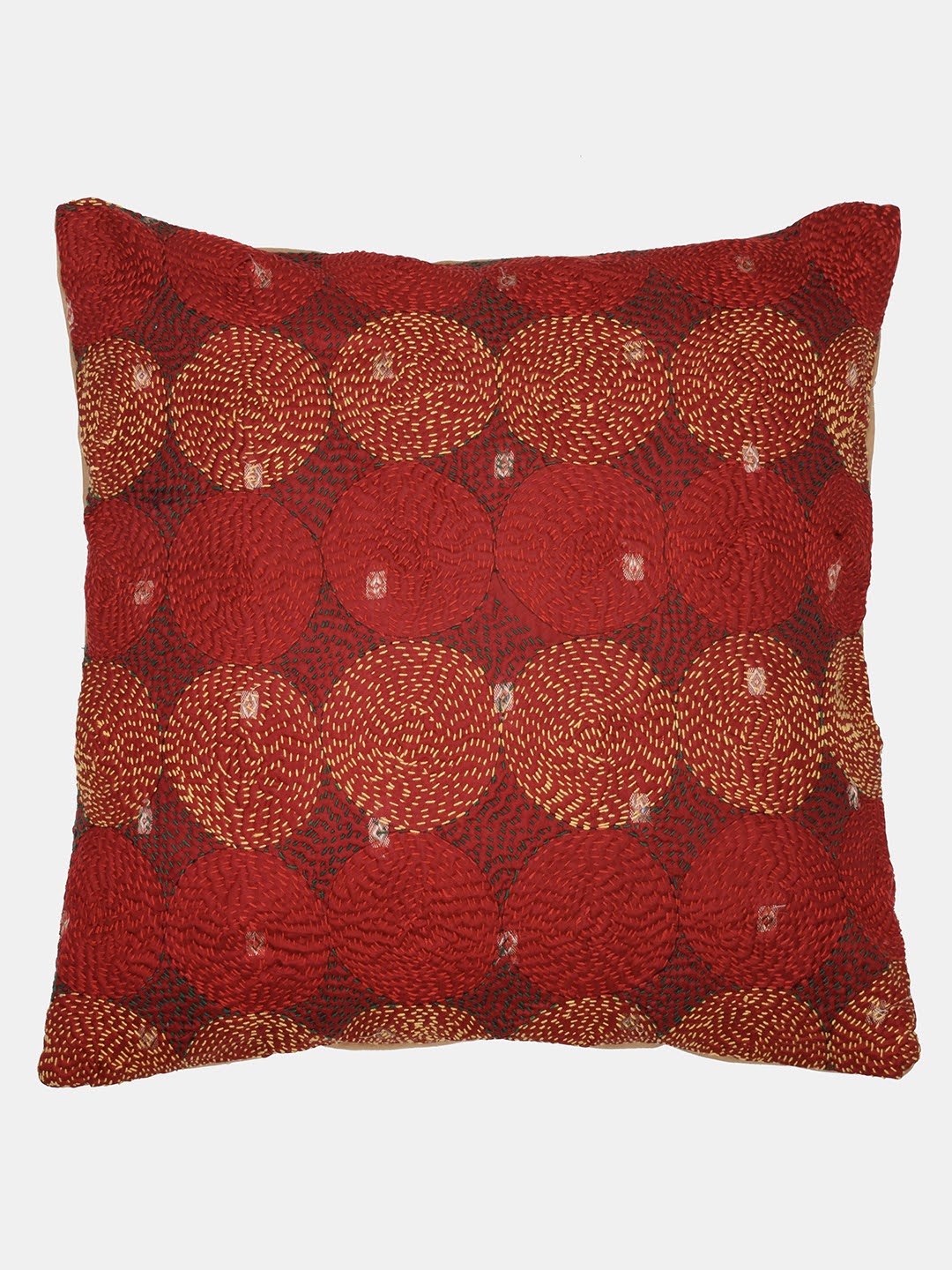 Maroon Orange Silk Hand Kantha stitch embroidered Reversible Cushion Cover - Pack of 1