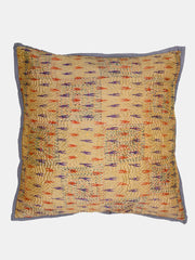Grey Cream Silk Hand Kantha stitch embroidered Reversible Cushion Cover - Pack of 1