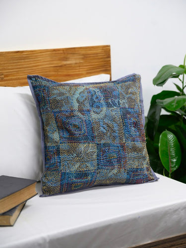 Blue Grey Silk Hand Kantha Work Reversible Cushion Cover - Pack of 1