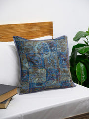 Blue Grey Silk Hand Kantha stitch embroidered Reversible Cushion Cover - Pack of 1