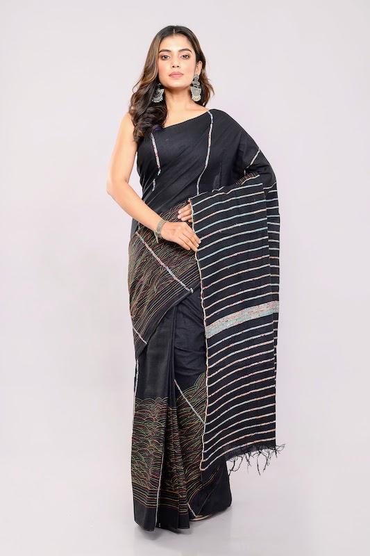 Black Handloom Khesh Kantha Stitch Cotton Saree saree Arteastri 