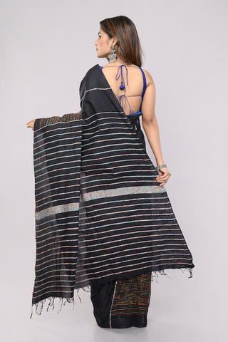 Black Handloom Khesh Kantha Stitch Cotton Saree saree Arteastri 