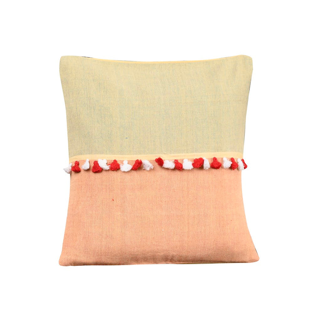 Peach Yellow Cotton Cushion Cover with pompoms - Pack of 1