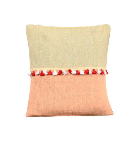 Peach Yellow Cotton Cushion Cover with pompoms - Pack of 1