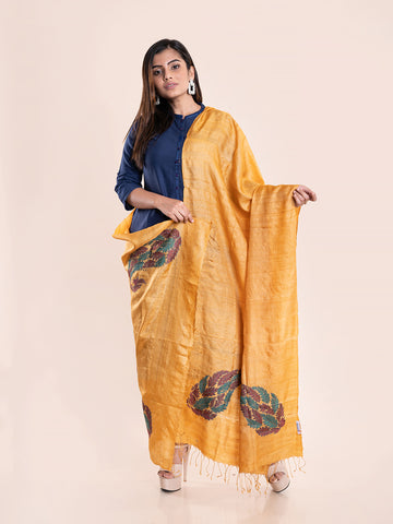 Mustard Yellow Kantha Tussar Silk  Dupatta