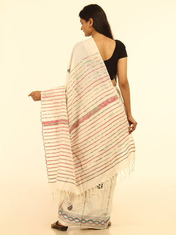 Elegant White Handloom Khesh Kantha Stitch Cotton Saree - Arteastri